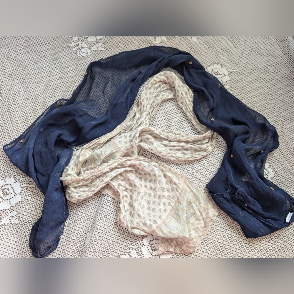 Vintage Silk & Gauze Scarf Collection | Navy & Paisley Duo